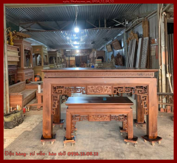 Bàn thờ án gian mẫu Chuyện Sen + câu đối Đại Tự gỗ gụ